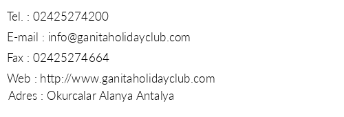 Ganita Holiday Club telefon numaralar, faks, e-mail, posta adresi ve iletiim bilgileri